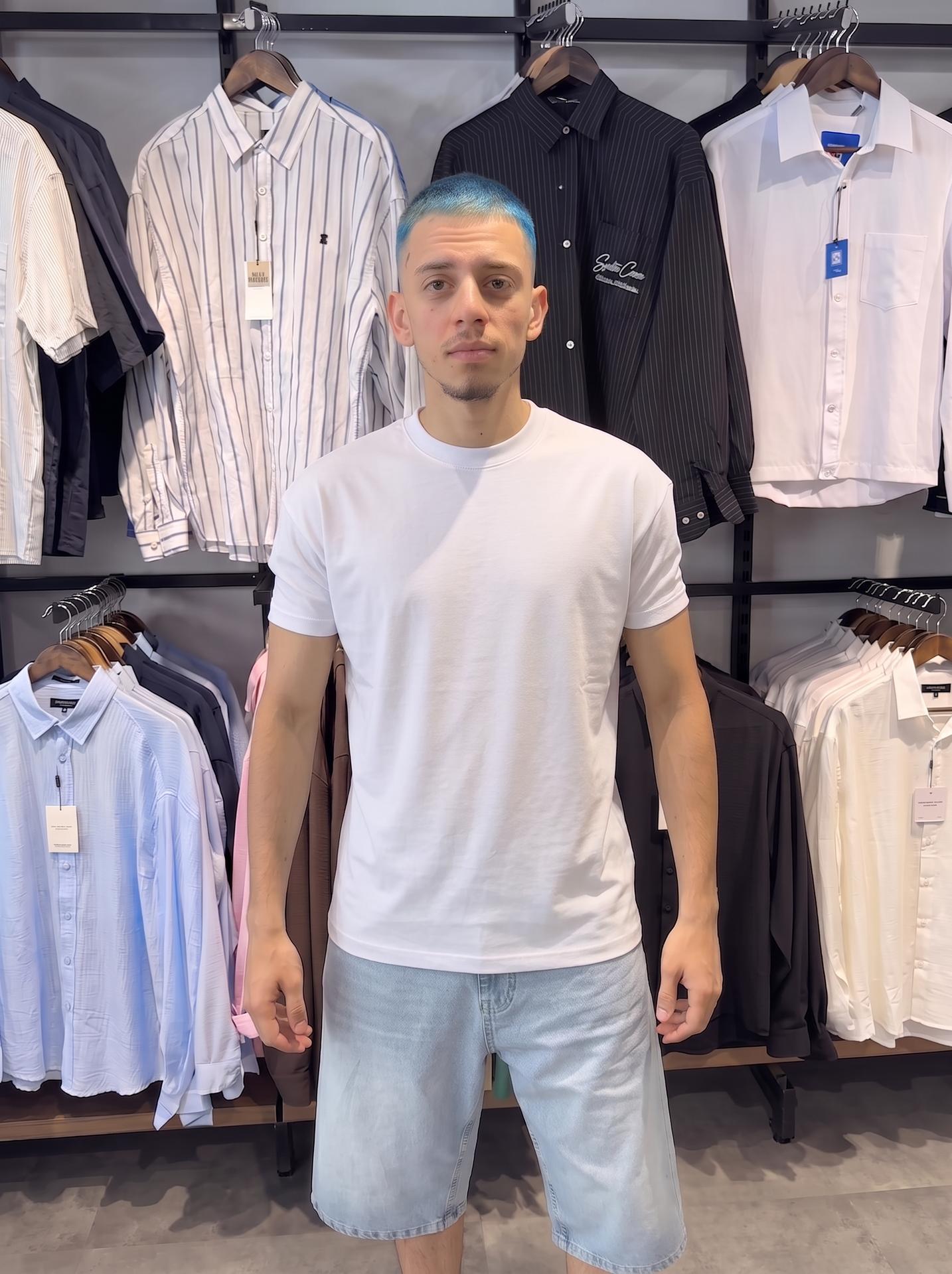 Erkek premium Oysho kumaş dar kol basic t-shirt beyaz ön görünüm