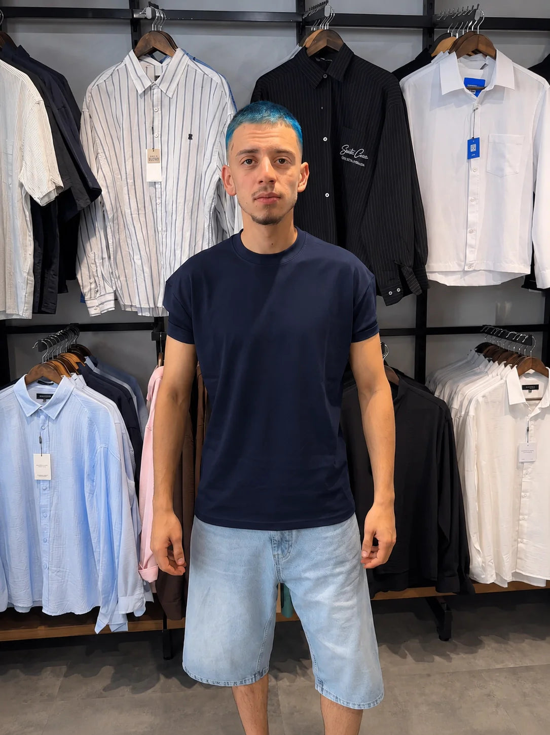 Erkek premium Oysho kumaş dar kol basic t-shirt lacivert ön görünüm