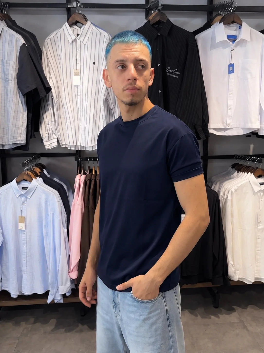 Erkek premium Oysho kumaş dar kol basic t-shirt lacivert yan görünüm