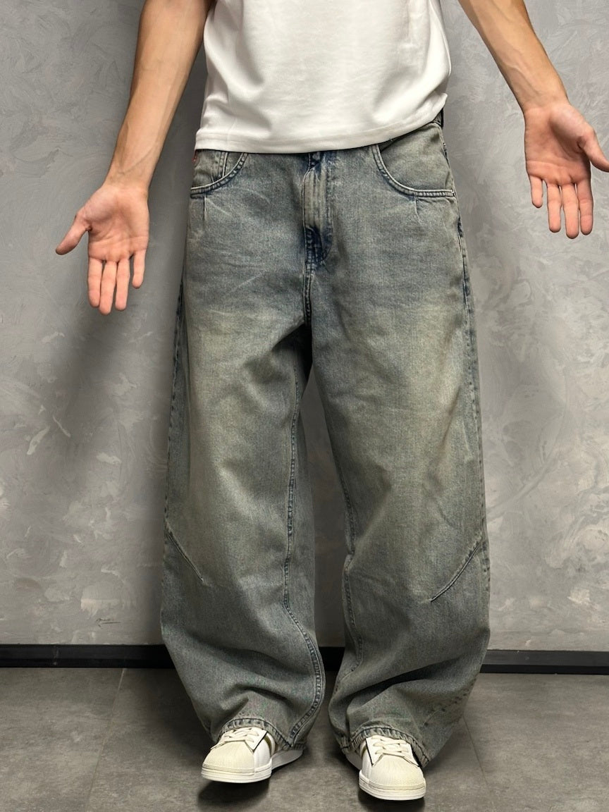 GRJ erkek eskitme haki balon fit baggy jeans geniş paça görünümü