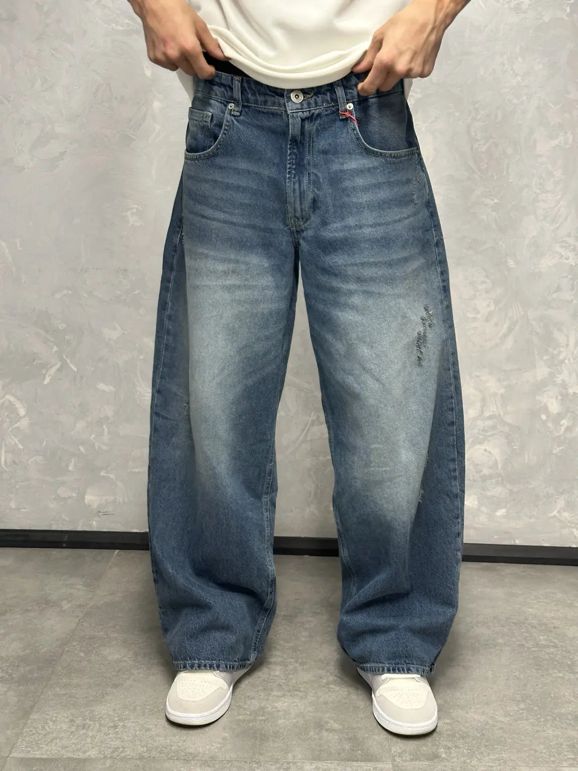 GRJ Erkek Eskitme Mavi Super Baggy Pantolon ön görünüm