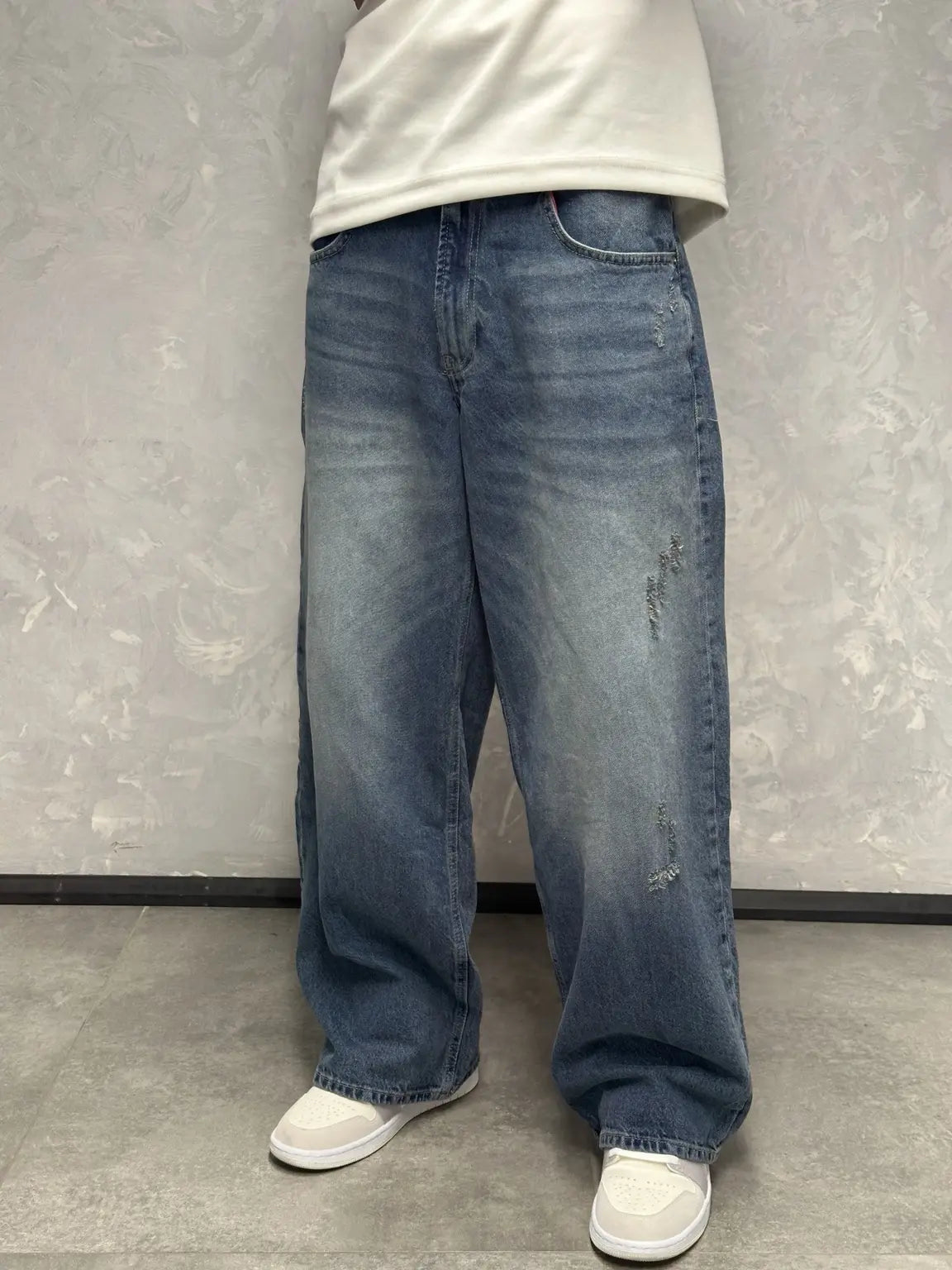 GRJ Erkek Eskitme Mavi Super Baggy Pantolon fit görünüm