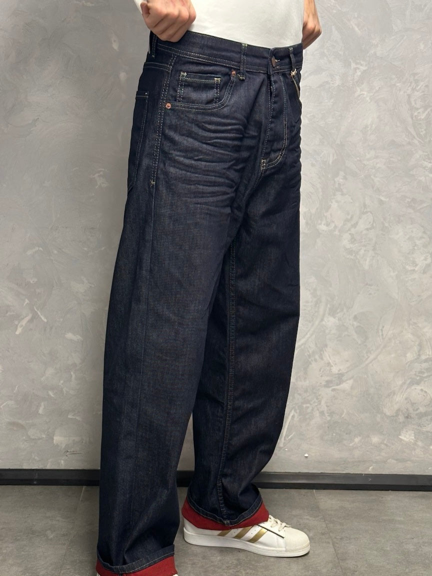 GRJ erkek lacivert porto detaylı super baggy jeans yan görünümü