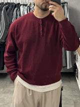 Erkek Bordo Henley Yaka Boxy Fit Triko Sweatshirt