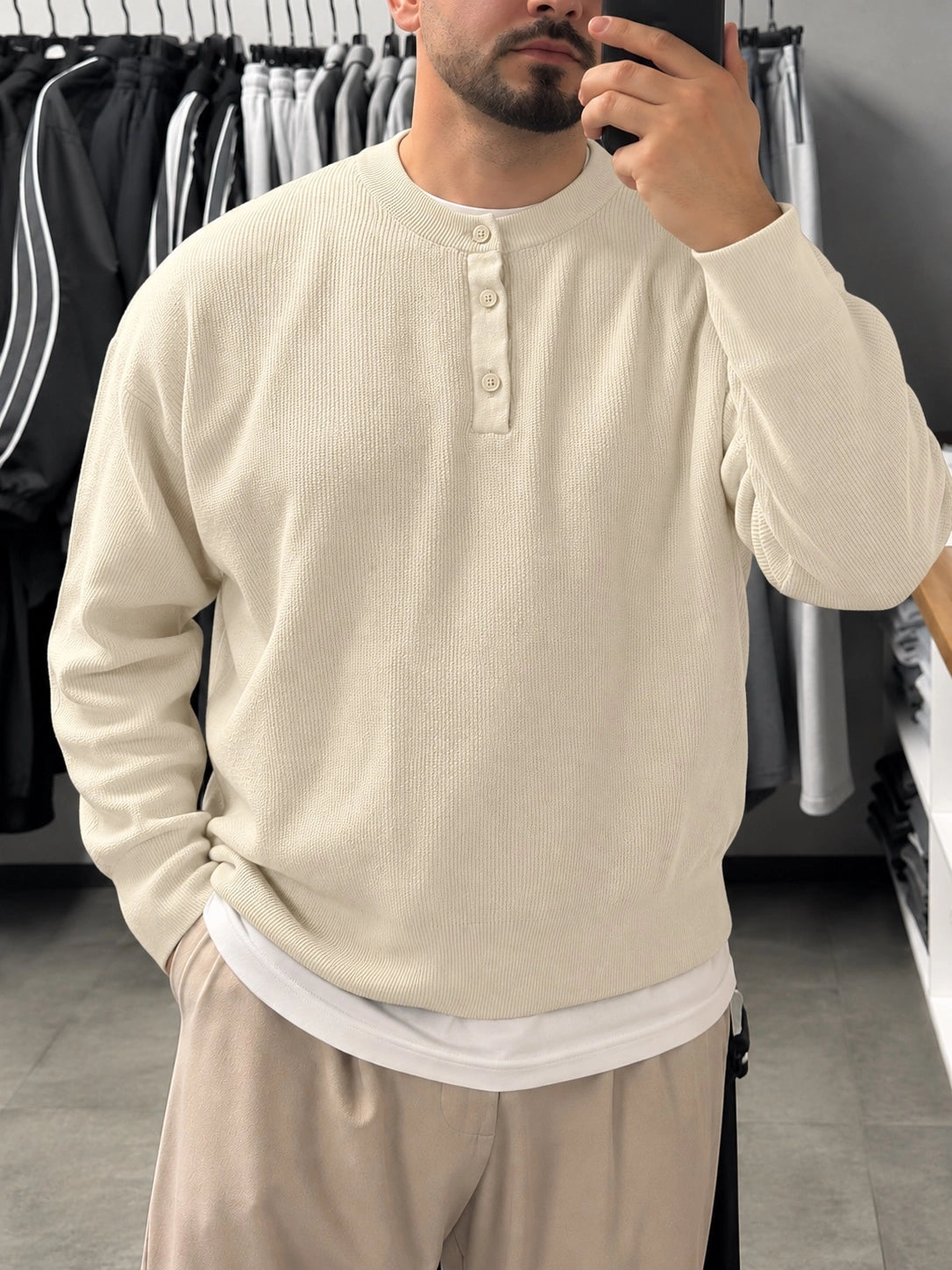 Erkek Krem Henley Yaka Boxy Fit Triko Sweatshirt