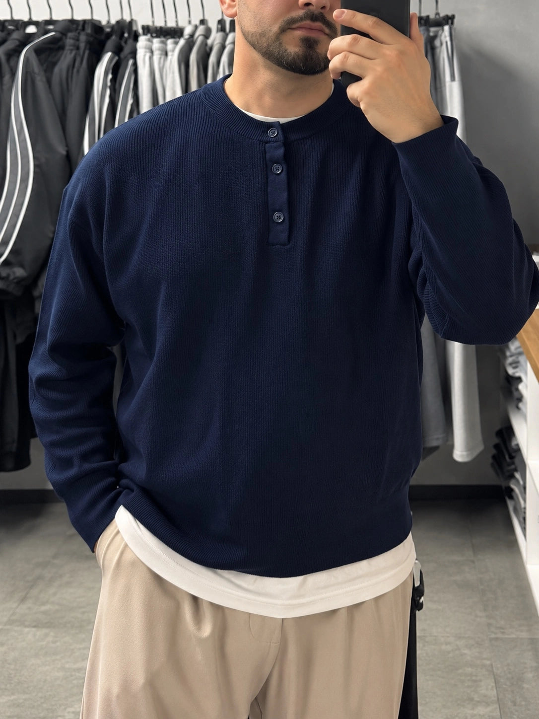 Erkek Lacivert Henley Yaka Boxy Fit Triko Sweatshirt