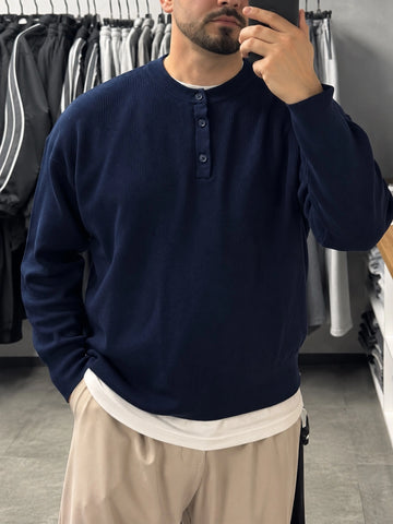 Erkek Lacivert Henley Yaka Boxy Fit Triko Sweatshirt