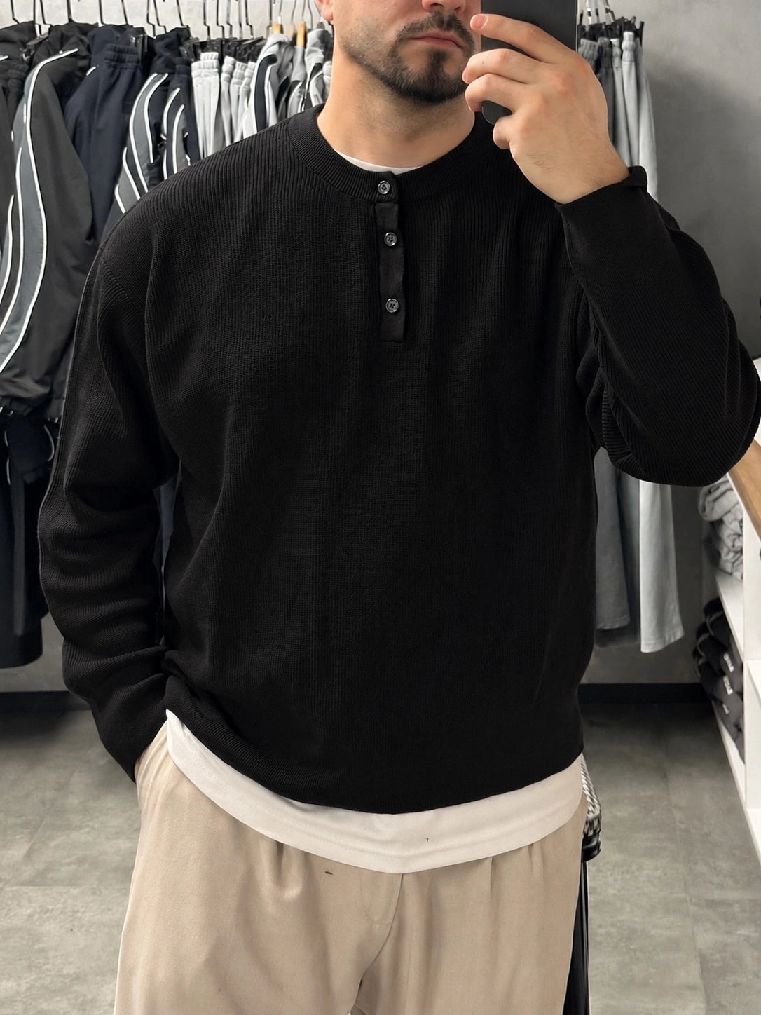 Erkek Siyah Henley Yaka Boxy Fit Triko Sweatshirt