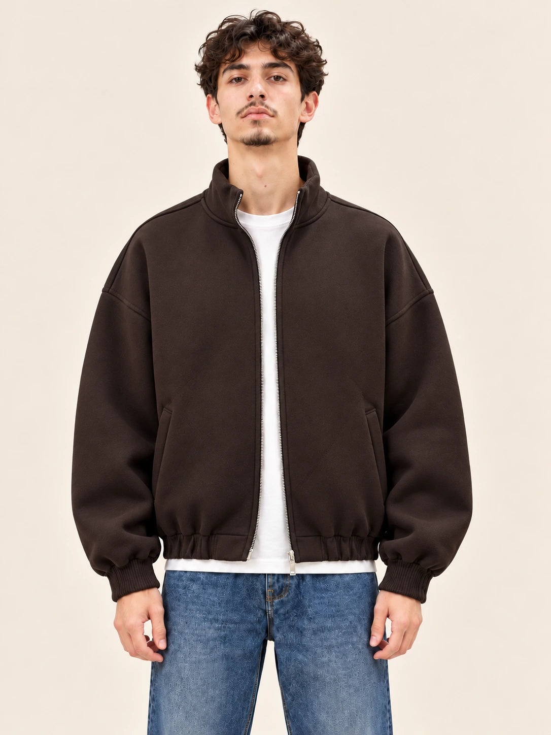 Panda kahve boxy fit fermuarlı bomber ceket ana kapak, ön görünüm