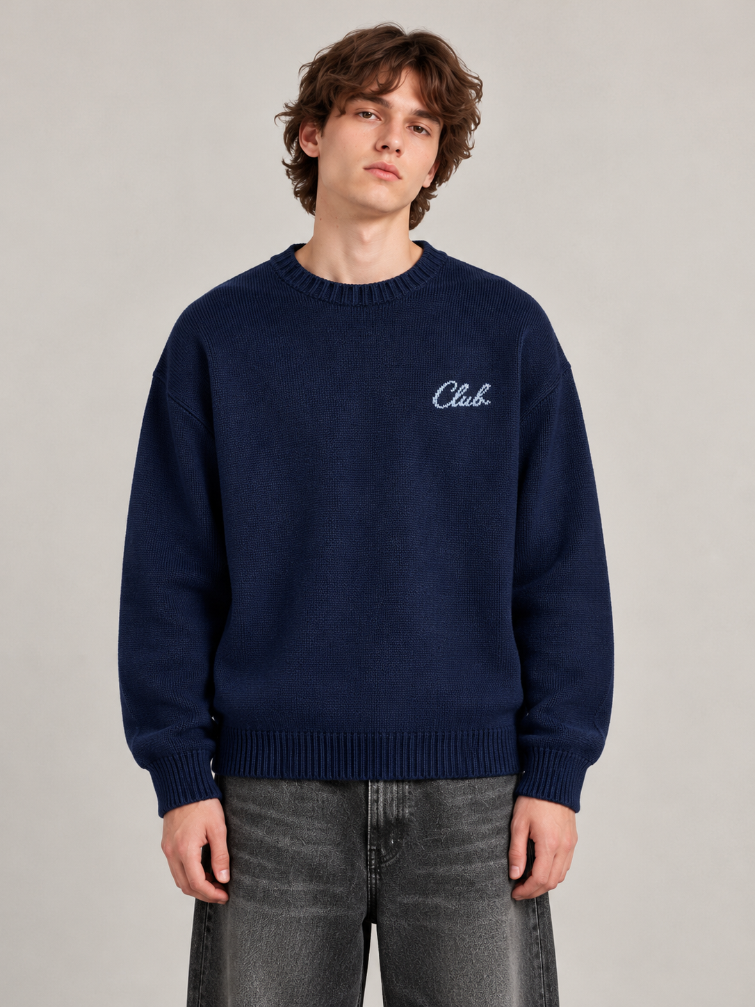 Lacivert Club Originals Boxy Fit Triko Kazak ön görünüm