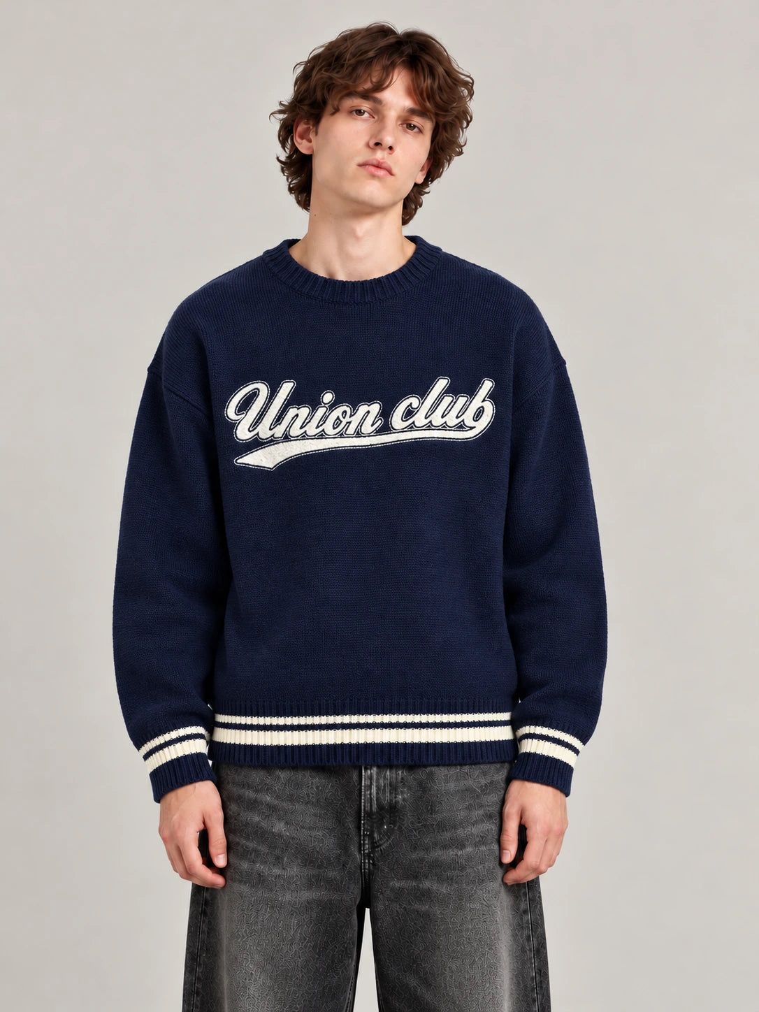 Lacivert Union Club boxy fit triko kazak ön görünüm