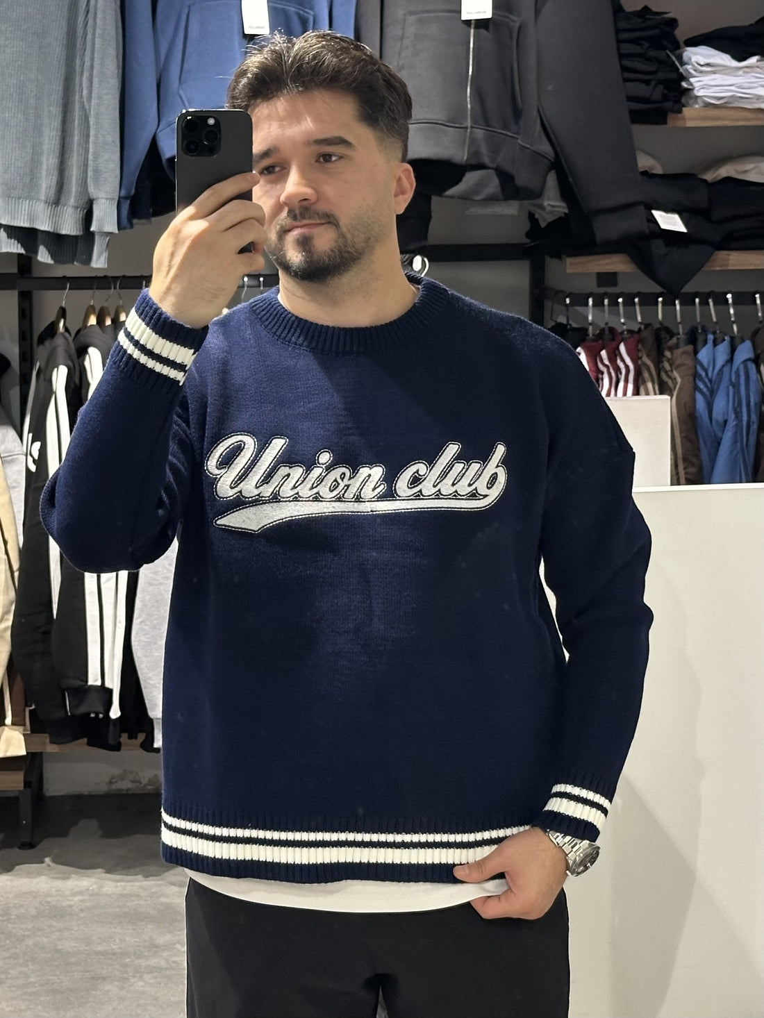 Lacivert Union Club boxy fit triko kazak ön görünüm
