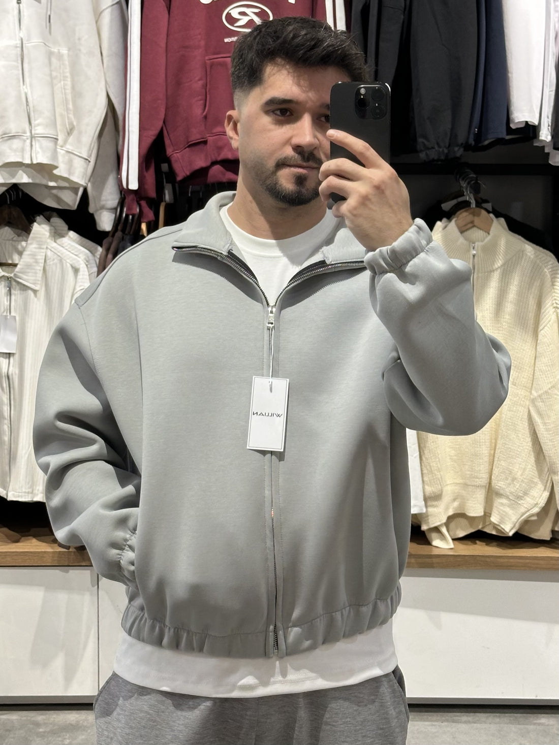 Panda gri boxy fit fermuarlı bomber ceket ana kapak, ön görünüm