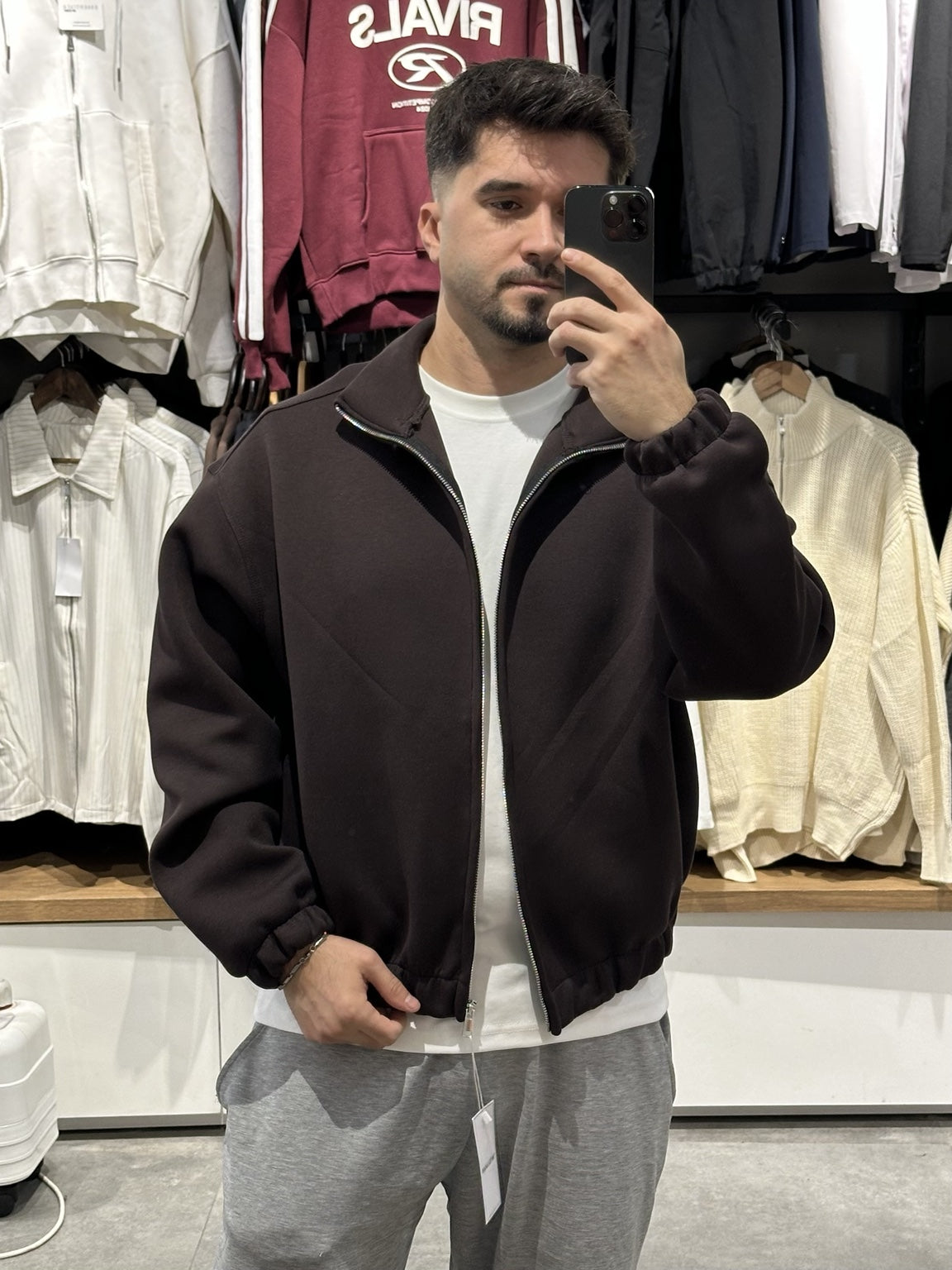 Panda kahve boxy fit fermuarlı bomber ceket 1. görünüm