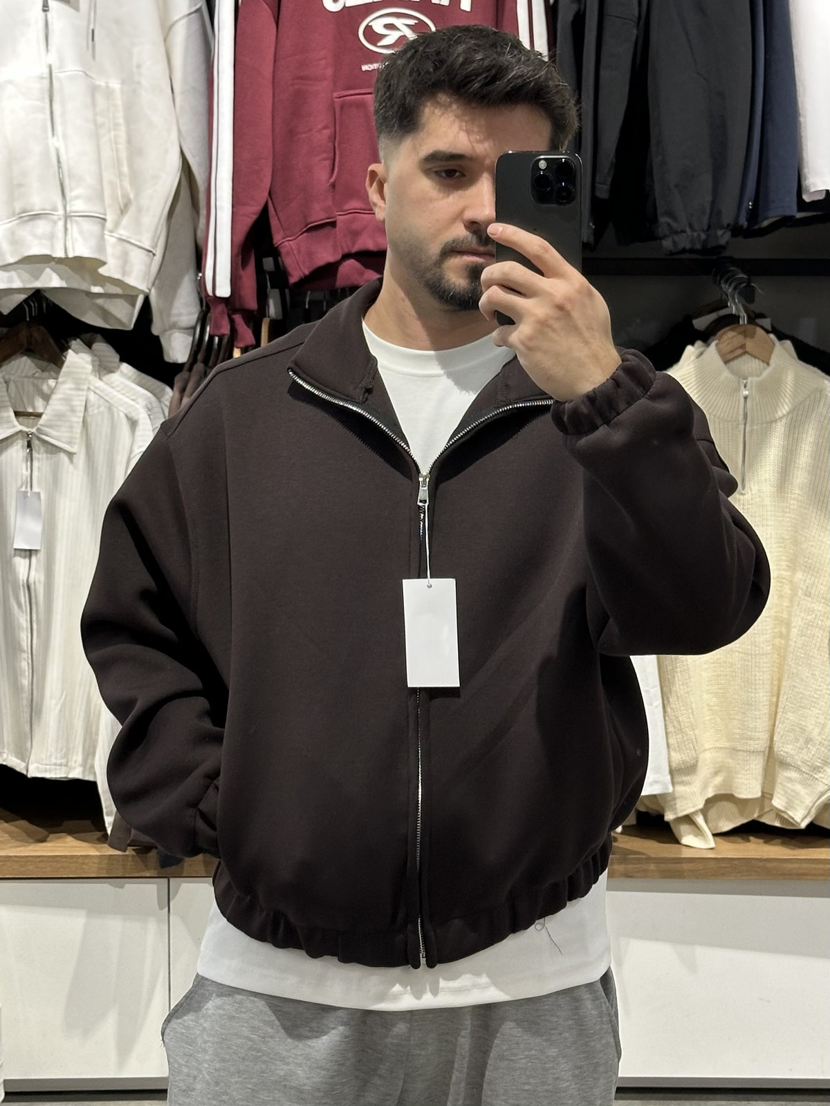 Panda kahve boxy fit fermuarlı bomber ceket 2. görünüm
