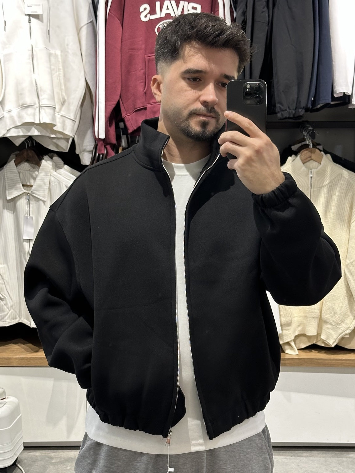 Panda siyah boxy fit fermuarlı bomber ceket 1. görünüm