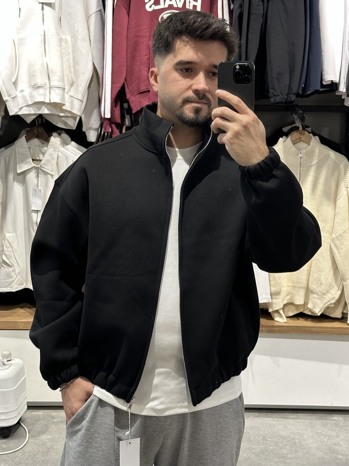 Panda siyah boxy fit fermuarlı bomber ceket 2. görünüm