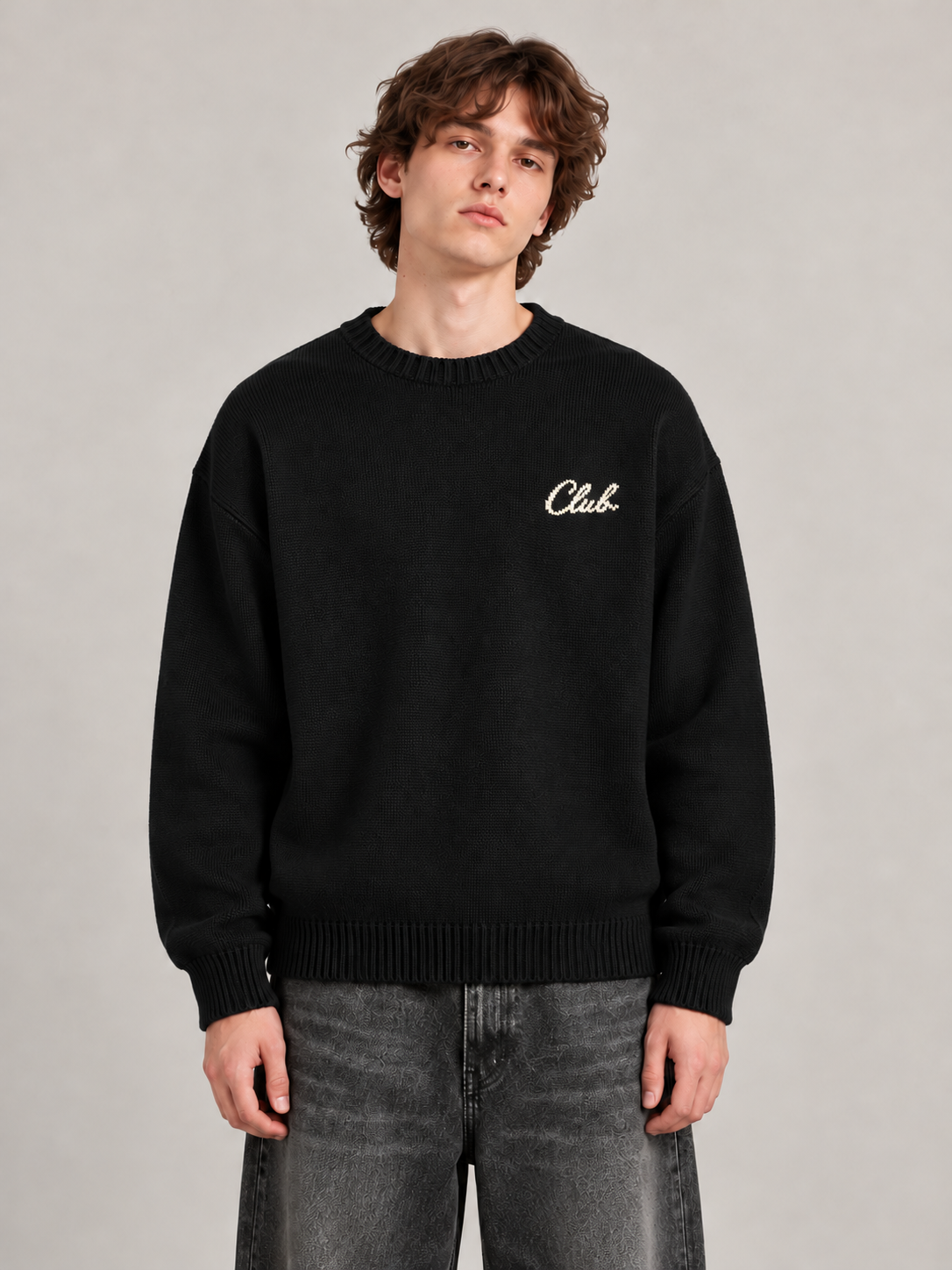 Siyah Club Originals Boxy Fit Triko Kazak ön görünüm