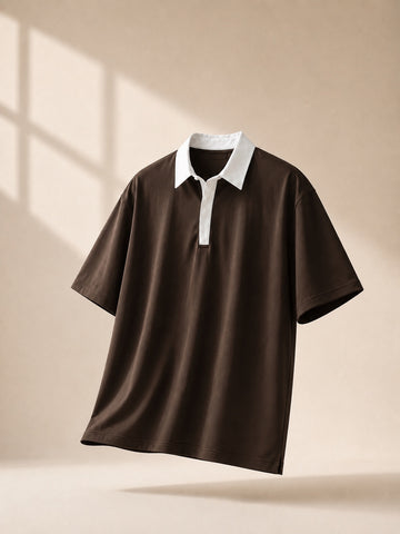 Swaguer kahve ekru kontrast yaka oversize polo t-shirt ön açılı ürün görseli