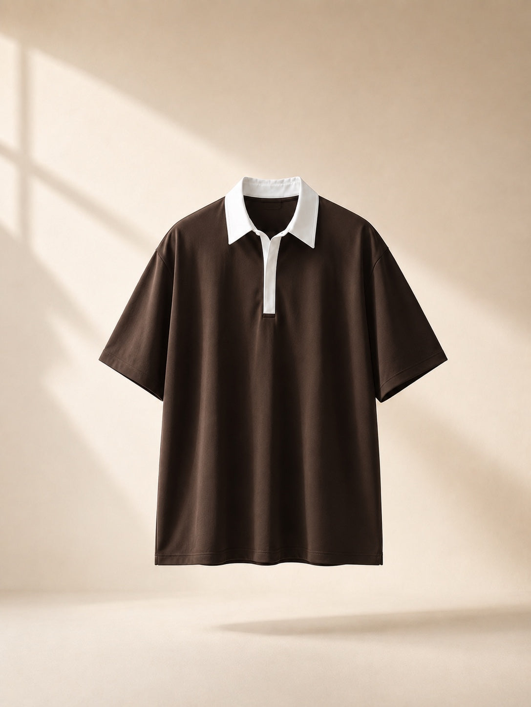 Swaguer kahve ekru kontrast yaka oversize polo t-shirt düz ön ürün görseli