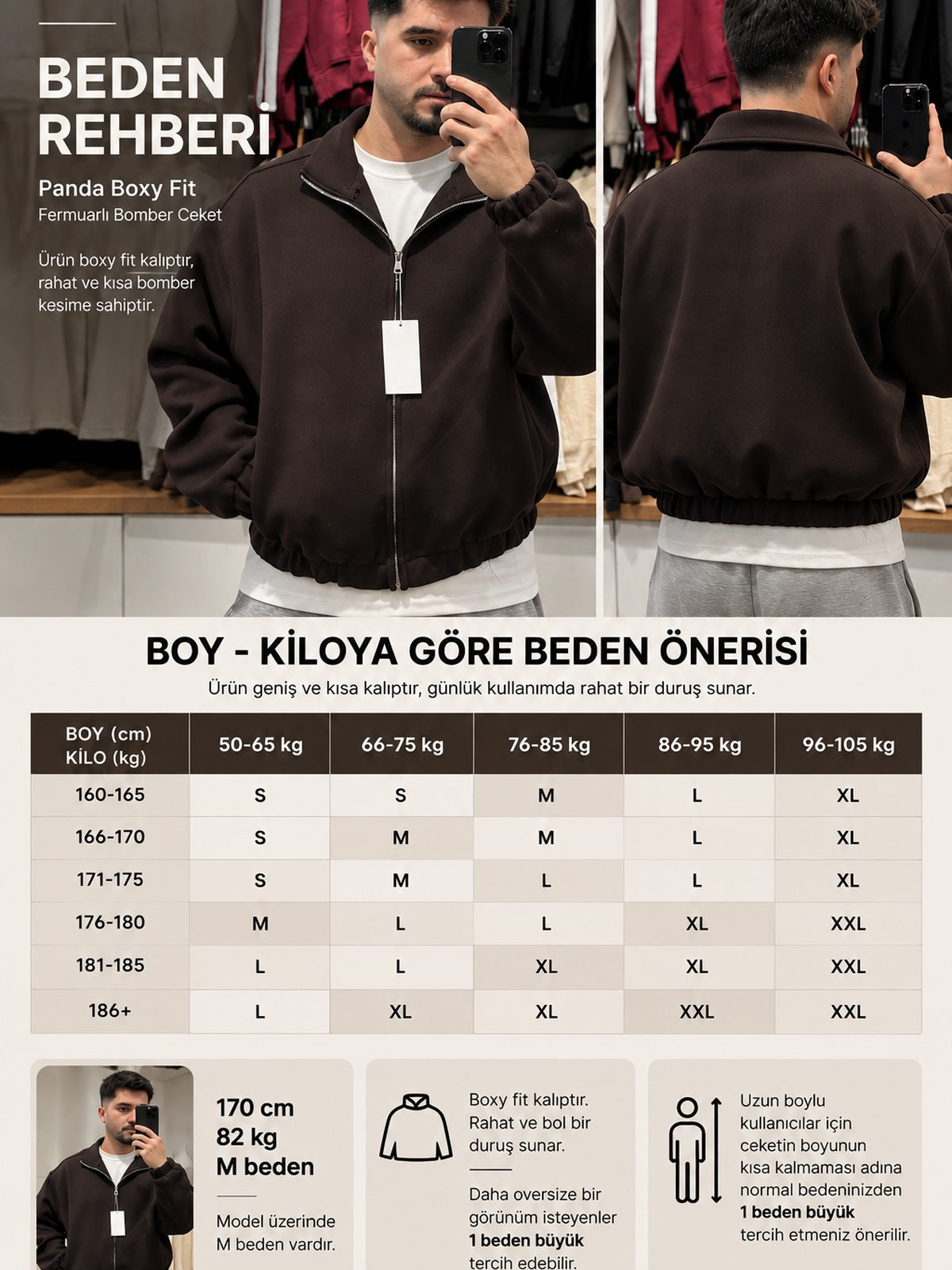 Swaguer Panda Siyah Boxy Fit Bomber Ceket boy kilo beden rehberi
